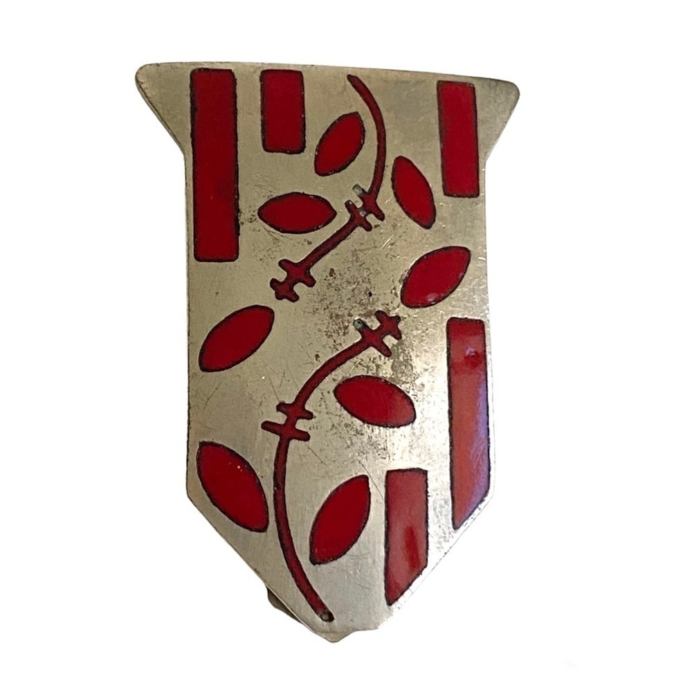 Vintage Silver Inlaid Fur Clip Red Enamel Stone Dress Brooch Art Deco 50s 60s